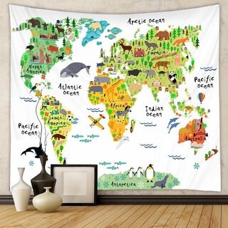 世界地図 タペストリー可愛い動物子供部屋 インテリア布製 150x130(絵画/タペストリー)