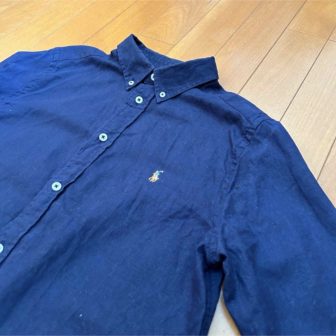 Ralph Lauren(ラルフローレン)の美品 90s POLO Ralph Lauren 麻混 長袖BDシャツ ネイビー メンズのトップス(シャツ)の商品写真