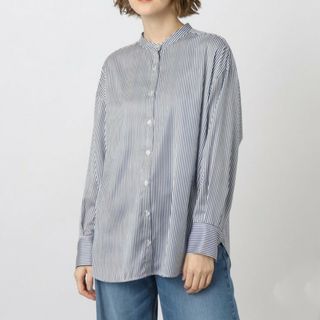 グローブ(grove)の一度着用　grove　とろみ　ブラウス　シャツ　ネイビー✕白　ストライプ　L(シャツ/ブラウス(長袖/七分))