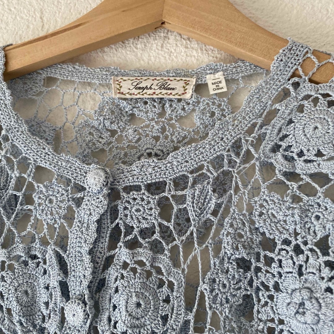 Grimoire(グリモワール)のvintageヴィンテージレトロ古着ブルーかぎ針編みレースの刺繍カーディガン レディースのトップス(カーディガン)の商品写真