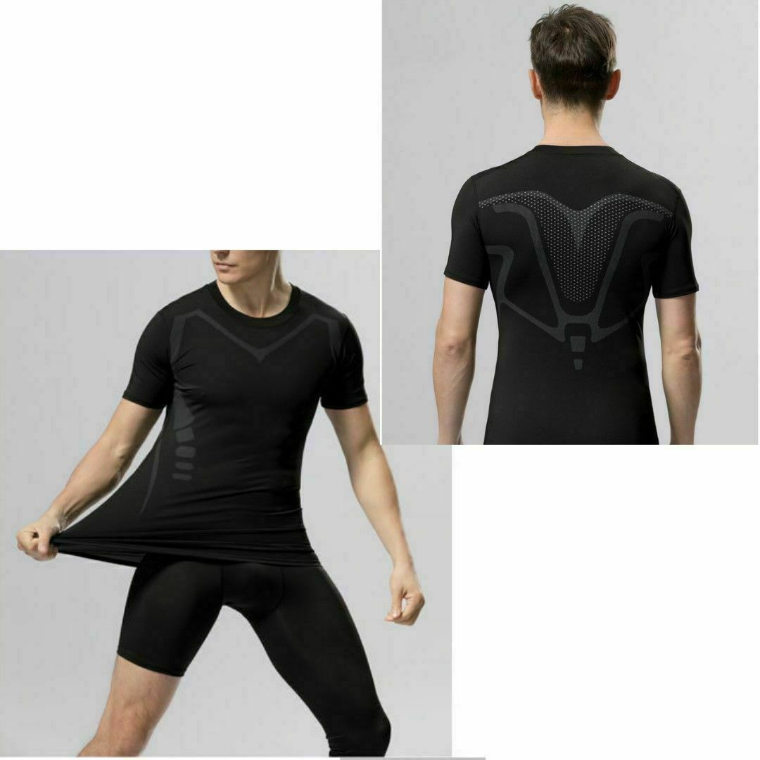 ●新品●トレーニングTシャツ L＜ブラック＞吸湿 速乾 コンプレッション素材 黒 スポーツ/アウトドアのトレーニング/エクササイズ(トレーニング用品)の商品写真