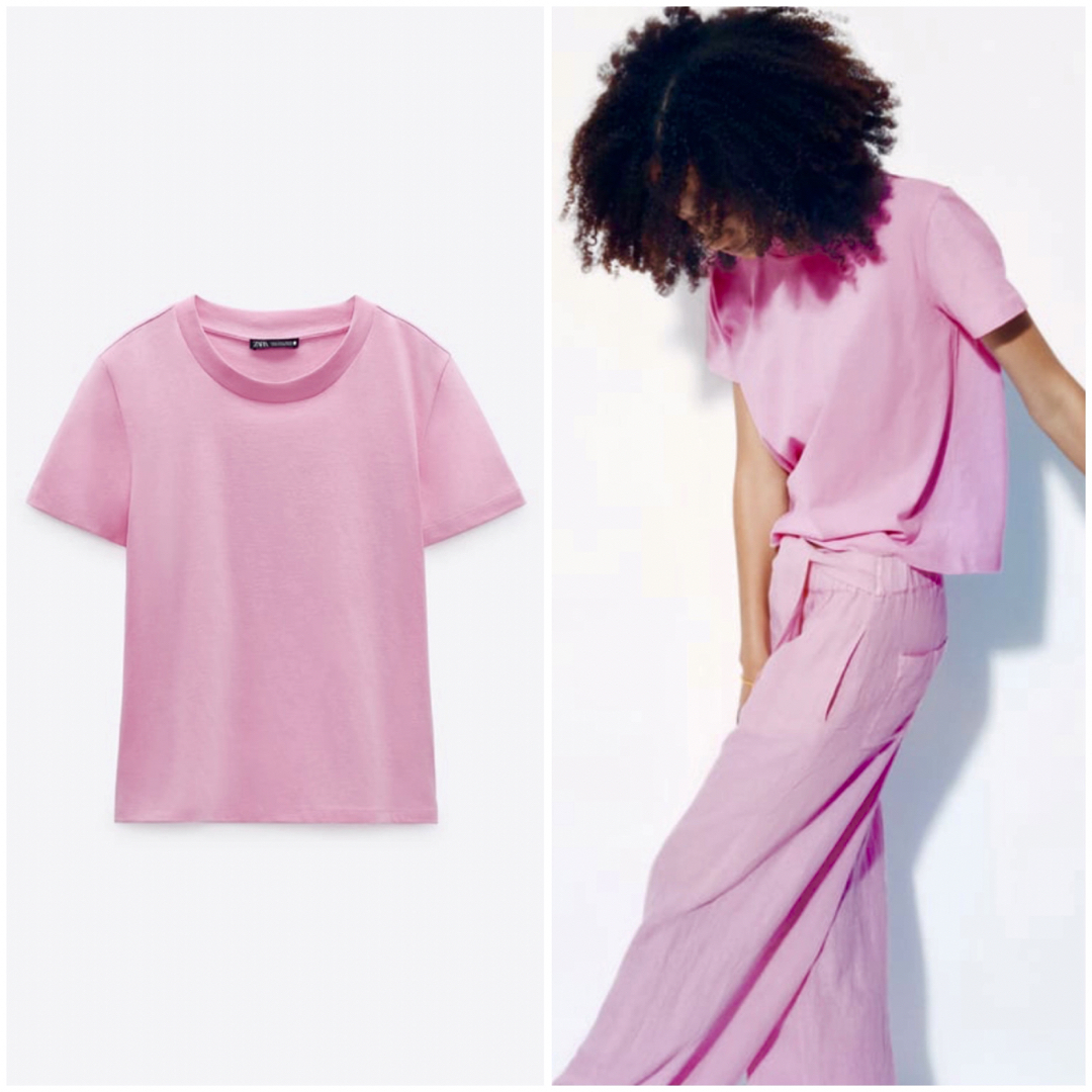 ZARA(ザラ)のタグ付き新品 ZARA コットンTシャツ ピンク XS レディースのトップス(Tシャツ(半袖/袖なし))の商品写真
