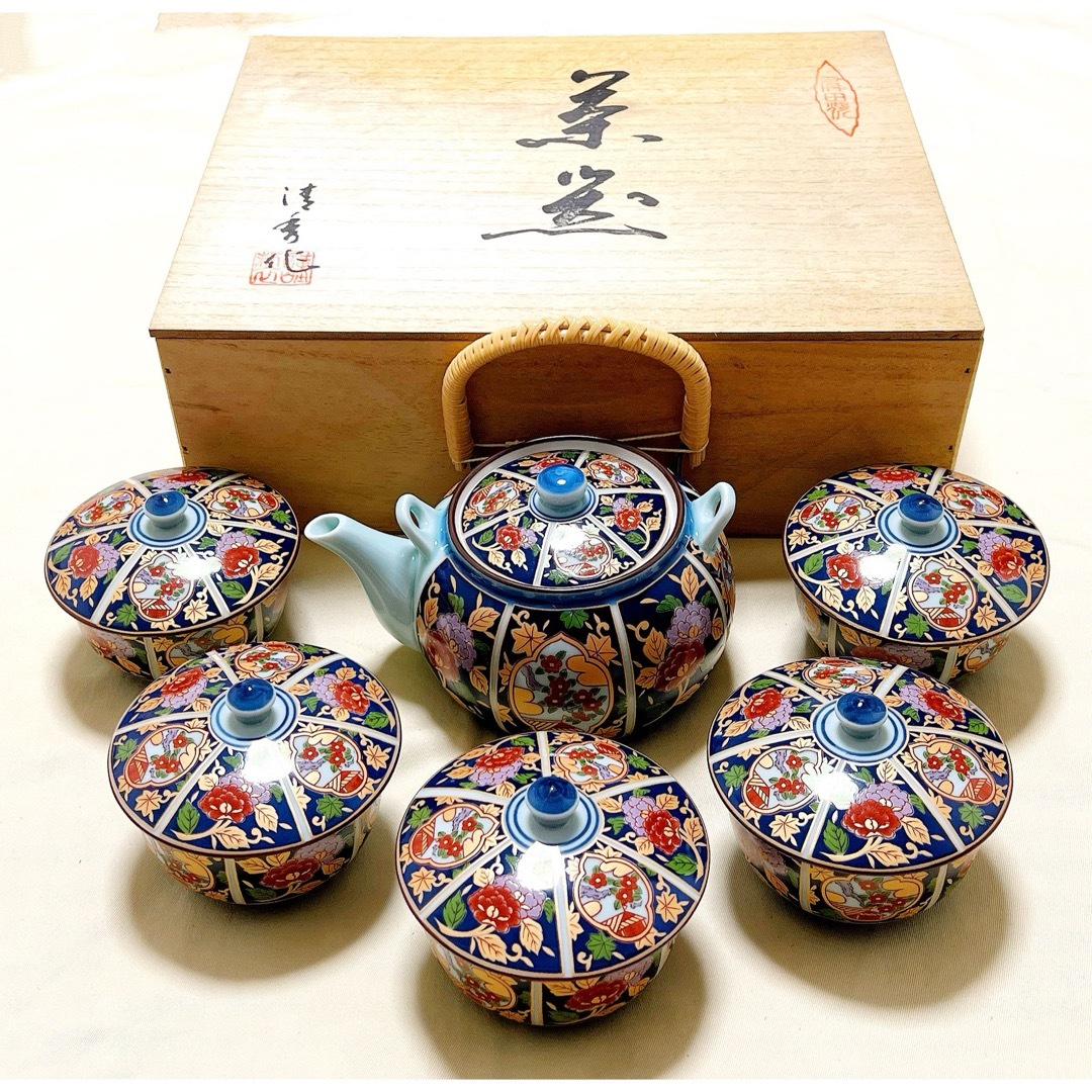 有田焼 清秀作 金襴手古伊万里 錦間取花柄 急須&蓋付き湯呑5客 有田焼 清秀作 金襴手古伊万里 錦間取花柄 急須&蓋付き湯呑5客