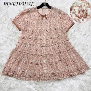 ピンクハウス(PINK HOUSE)の【美品】PINKHOUSE 半袖 フリル ティアードチュニック アニマル リボン(チュニック)