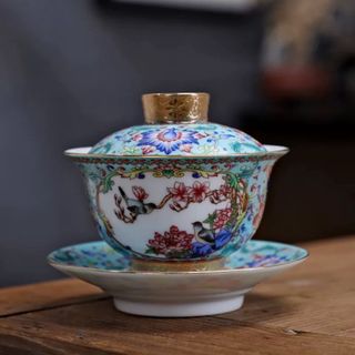 蓋碗　琺瑯彩 茶杯セット 茶器　三才碗 花柄 耐熱 陶磁器製の中国茶器 1客(食器)