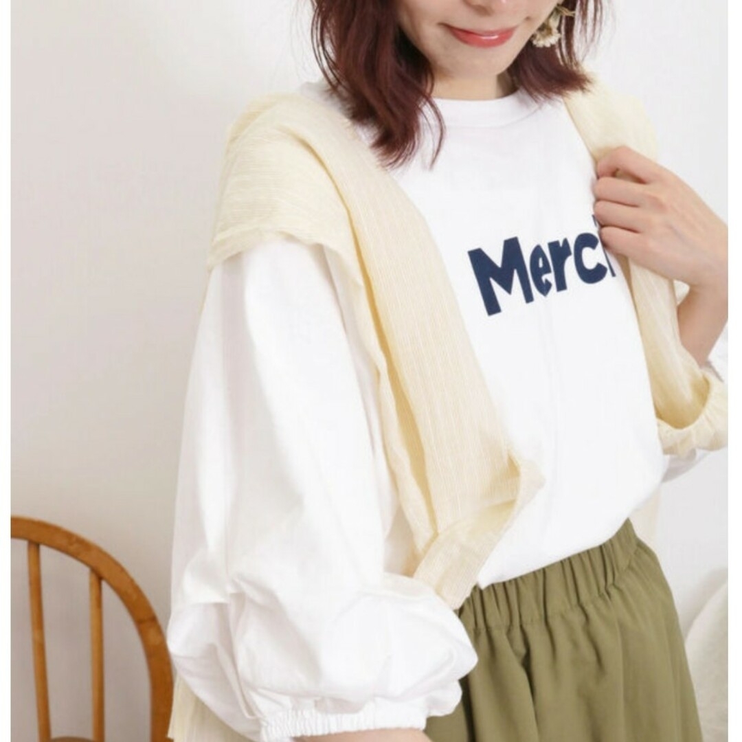 SM2(サマンサモスモス)の新品タグ付き サマンサモスモス 袖タックTシャツ ホワイト merci レディースのトップス(Tシャツ(長袖/七分))の商品写真