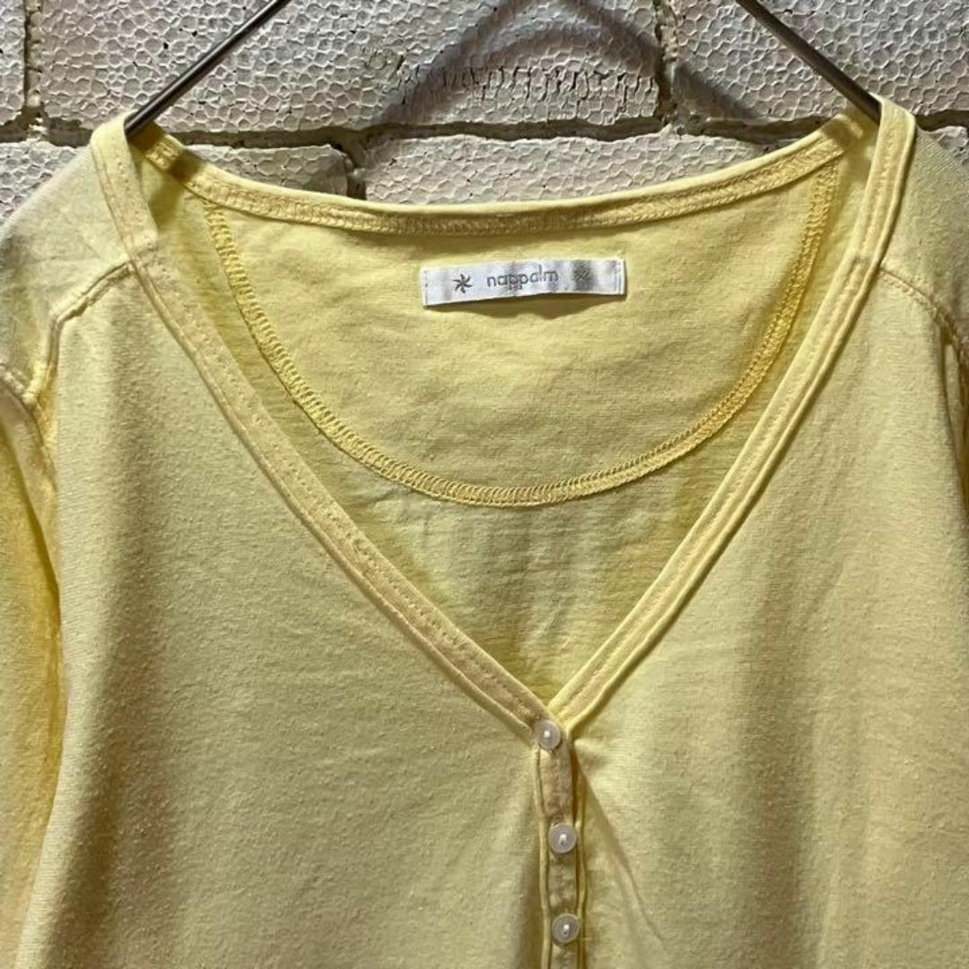 ◆nappalm◆前ボタンVネック長袖綿Tシャツ　M　薄黄色　AE-026 レディースのトップス(Tシャツ(長袖/七分))の商品写真