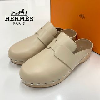 エルメス(Hermes)の7747 エルメス レザー カリャ ウッド スタッズ レザー ミュール ベージュ(サンダル)