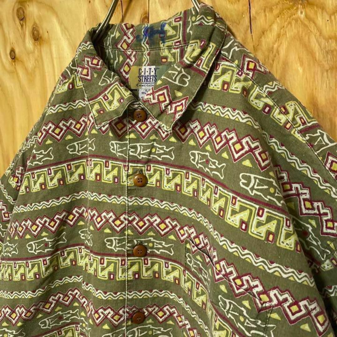 アロハ シャツ 総柄 ボーダー 柄シャツ USA古着 90s 半袖 グリーン メンズのトップス(シャツ)の商品写真