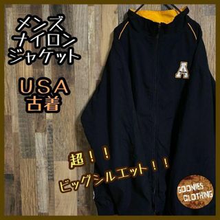 メンズ ナイロン ジャケット XXL チームロゴ 黒 古着 長袖 アウター(ナイロンジャケット)