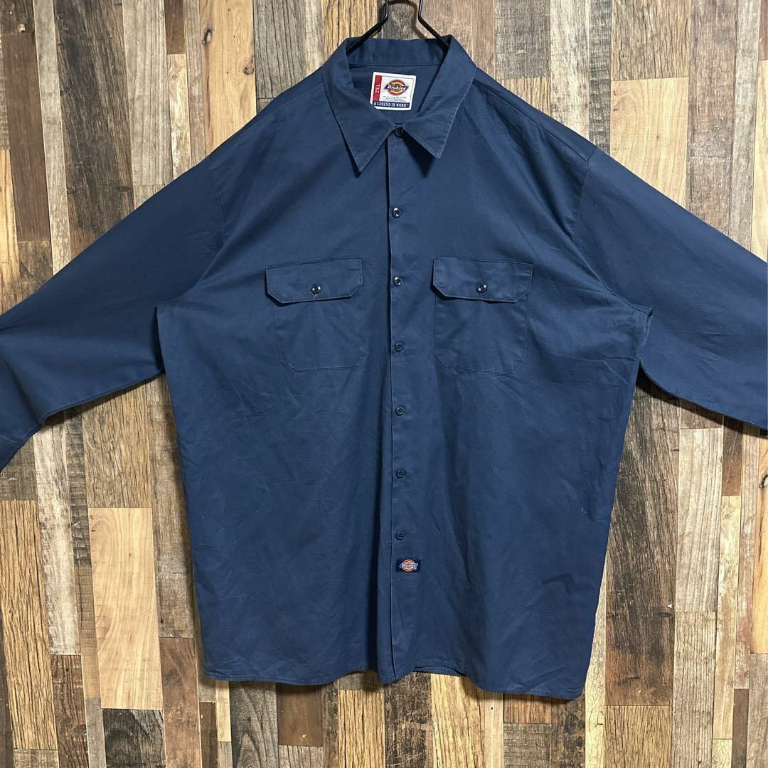 Dickies(ディッキーズ)のディッキーズ ワークシャツ 長袖 ネイビー ロゴ アメカジ 2XL USA古着 メンズのトップス(シャツ)の商品写真