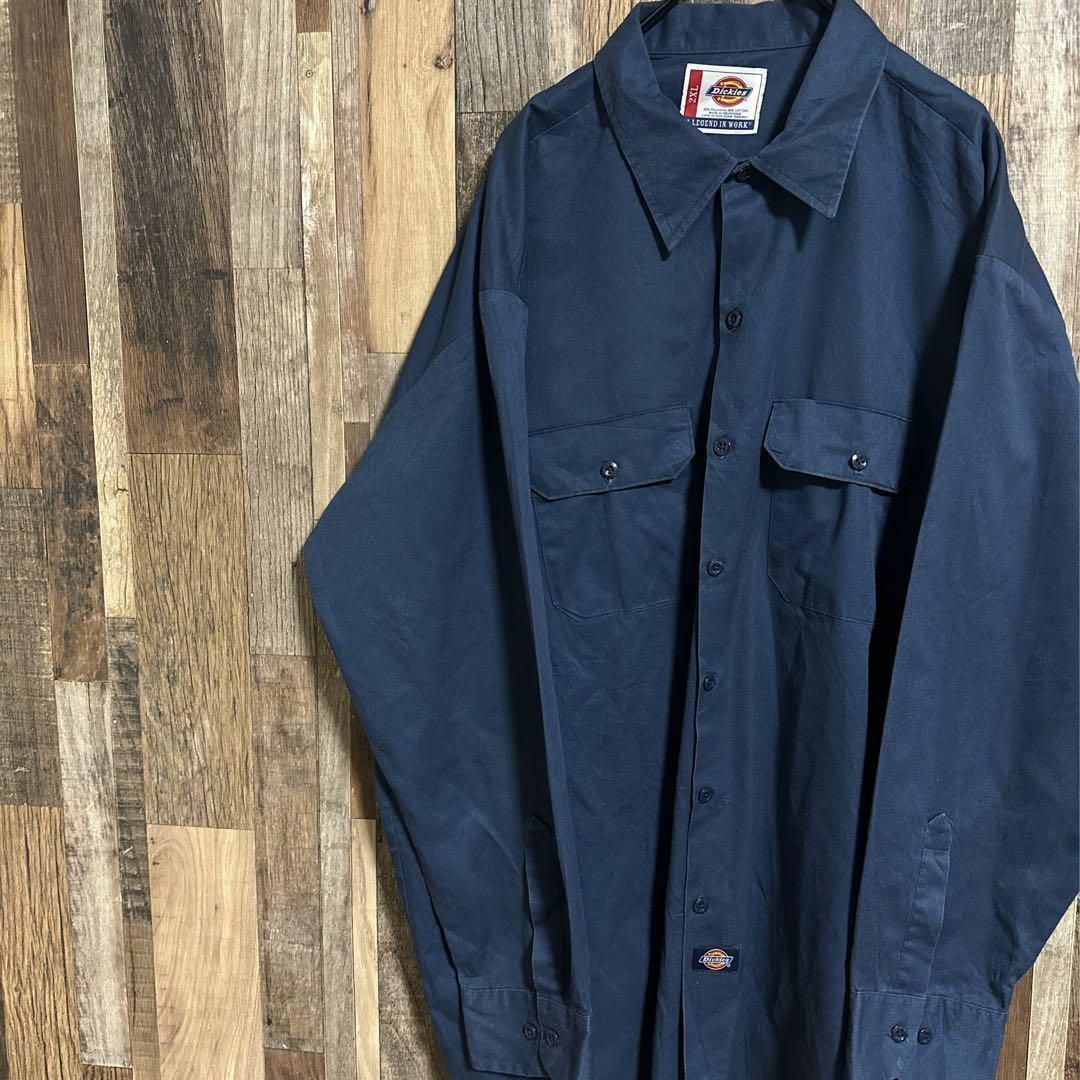 Dickies(ディッキーズ)のディッキーズ ワークシャツ 長袖 ネイビー ロゴ アメカジ 2XL USA古着 メンズのトップス(シャツ)の商品写真