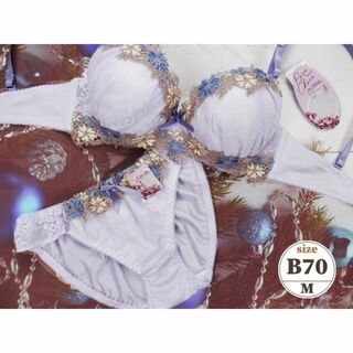 NK04★B70 M★ブラショーツセット 花レース刺繍 薄紫(ブラ&ショーツセット)