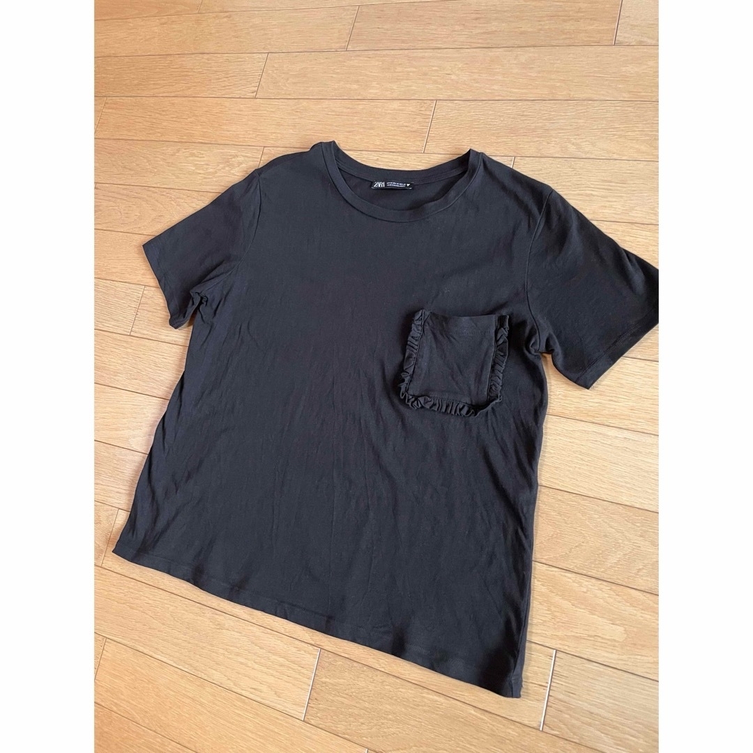 ZARA(ザラ)のザラ ZARA ポケットフリルTシャツ 半袖 コットン ブラック レディース M レディースのトップス(Tシャツ(半袖/袖なし))の商品写真