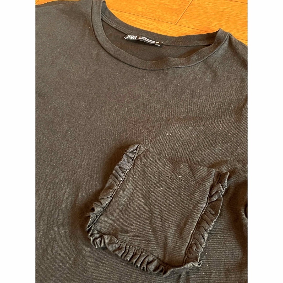 ZARA(ザラ)のザラ ZARA ポケットフリルTシャツ 半袖 コットン ブラック レディース M レディースのトップス(Tシャツ(半袖/袖なし))の商品写真