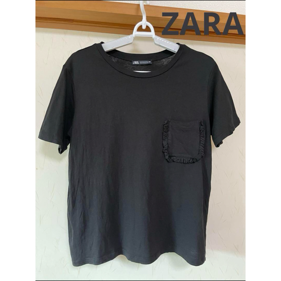 ZARA(ザラ)のザラ ZARA ポケットフリルTシャツ 半袖 コットン ブラック レディース M レディースのトップス(Tシャツ(半袖/袖なし))の商品写真