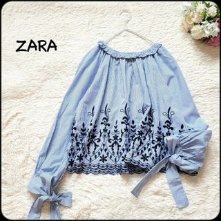 ザラ(ZARA)のZARA/ザラ●袖口リボン♪刺繍入りストライプ柄スカラップ裾フリルカラーブラウス(シャツ/ブラウス(長袖/七分))