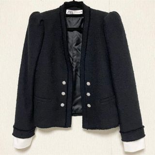 ザラ(ZARA)のZARA ザラ パフスリーブ ツィード ジャケット S ブラック (ノーカラージャケット)