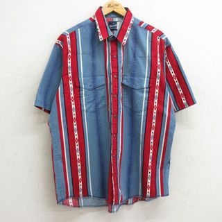 XL★古着 ラングラー Wrangler 半袖 ウエスタン シャツ メンズ 90年代 90s ネイティブ柄 ラグ柄 大きいサイズ コットン 薄紺他 ネイビー ストライプ 24apr13 中古 トップス