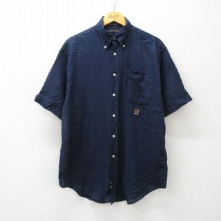 トミーヒルフィガー(TOMMY HILFIGER)のXL★古着 トミーヒルフィガー TOMMY HILFIGER 半袖 ブランド シャツ メンズ ワンポイントロゴ コットン ボタンダウン 紺 ネイビー 24apr13 中古 トップス(シャツ)