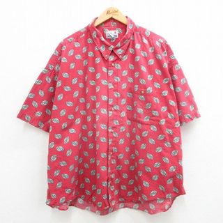 XL★古着 半袖 シャツ メンズ 00年代 00s 総柄 大きいサイズ コットン ボタンダウン 赤他 レッド 24apr13 中古 トップス(シャツ)