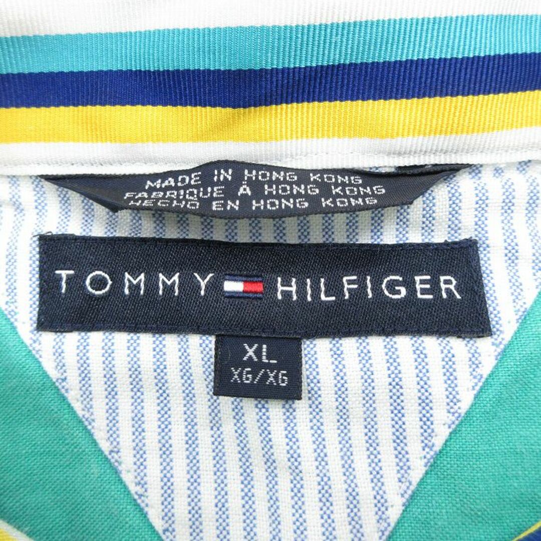 TOMMY HILFIGER(トミーヒルフィガー)のXL★古着 トミーヒルフィガー TOMMY HILFIGER 半袖 ブランド シャツ メンズ ワンポイントロゴ 大きいサイズ リネン ボタンダウン 青緑 24apr13 中古 トップス メンズのトップス(シャツ)の商品写真