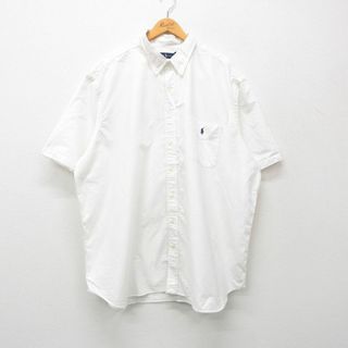 ラルフローレン(Ralph Lauren)のXL★古着 ラルフローレン Ralph Lauren 半袖 ブランド シャツ メンズ ワンポイントロゴ オックスフォード 大きいサイズ ロング丈 コットン ボタンダウン 白 ホワイト 24apr13 中古 トップス(シャツ)