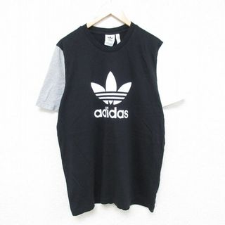 アディダス(adidas)のXL★古着 アディダス adidas 半袖 ブランド Tシャツ メンズ ビッグロゴ リーフ トレフォイル ツートンカラー クルーネック 黒他 ブラック 24apr13 中古(Tシャツ/カットソー(半袖/袖なし))