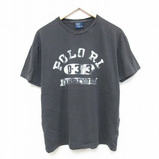 ラルフローレン(Ralph Lauren)のL★古着 ラルフローレン Ralph Lauren 半袖 ブランド Tシャツ メンズ 90年代 90s ビッグロゴ コットン クルーネック 濃グレー 24apr13 中古(Tシャツ/カットソー(半袖/袖なし))