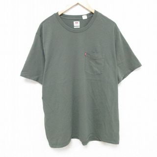 リーバイス(Levi's)のXL★古着 リーバイス Levis 半袖 ブランド Tシャツ メンズ 無地 胸ポケット付き 大きいサイズ コットン クルーネック 緑 グリーン 24apr13 中古(Tシャツ/カットソー(半袖/袖なし))