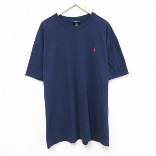 ラルフローレン(Ralph Lauren)のXL★古着 ラルフローレン Ralph Lauren 半袖 ブランド Tシャツ メンズ 90年代 90s ワンポイントロゴ 大きいサイズ ロング丈 コットン クルーネック 紺 ネイビー 24apr13 中古(Tシャツ/カットソー(半袖/袖なし))