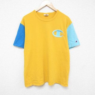 チャンピオン(Champion)のL★古着 チャンピオン Champion 半袖 ブランド Tシャツ メンズ ビッグロゴ ツートンカラー 刺繍 コットン クルーネック 黄他 イエロー 24apr13 中古(Tシャツ/カットソー(半袖/袖なし))