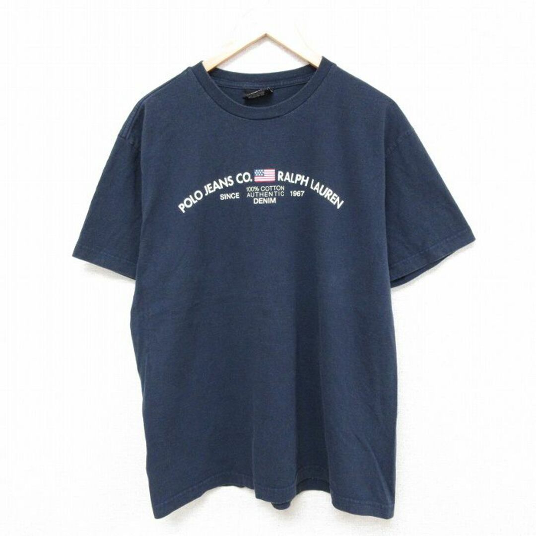 Ralph Lauren(ラルフローレン)のXL★古着 ラルフローレン Ralph Lauren ポロジーンズ 半袖 ブランド Tシャツ メンズ 00年代 00s ビッグロゴ コットン クルーネック 紺 ネイビー 24apr13 中古 メンズのトップス(Tシャツ/カットソー(半袖/袖なし))の商品写真