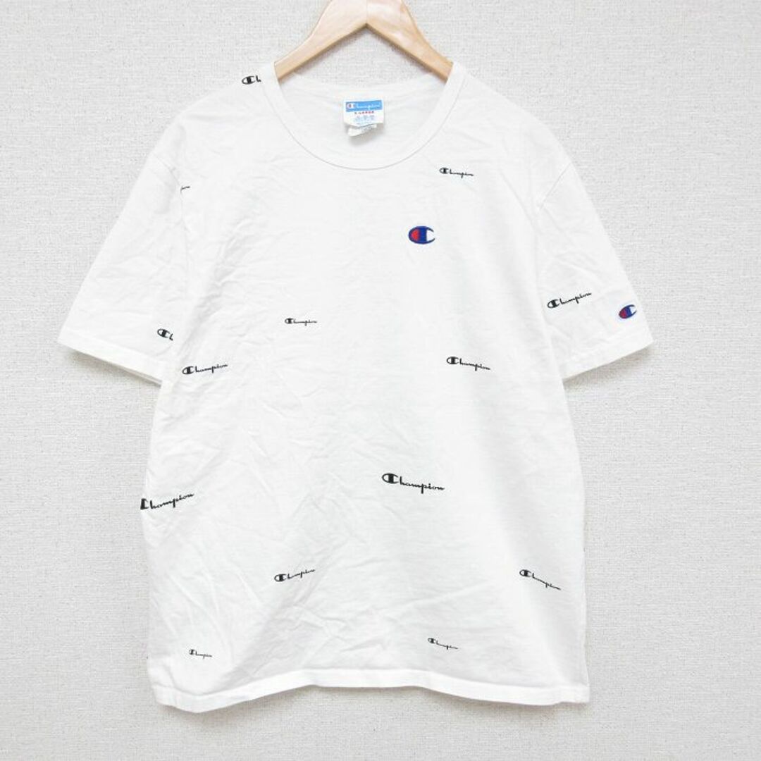 Champion(チャンピオン)のXL★古着 チャンピオン Champion 半袖 ブランド Tシャツ メンズ ワンポイントロゴ 総柄 コットン クルーネック 白 ホワイト 24apr13 中古 メンズのトップス(Tシャツ/カットソー(半袖/袖なし))の商品写真