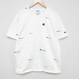 チャンピオン(Champion)のXL★古着 チャンピオン Champion 半袖 ブランド Tシャツ メンズ ワンポイントロゴ 総柄 コットン クルーネック 白 ホワイト 24apr13 中古(Tシャツ/カットソー(半袖/袖なし))