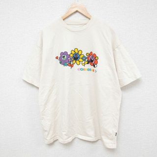 XL★古着 コンバース CONVERSE 半袖 ブランド Tシャツ メンズ ワンポイントロゴ 花 大きいサイズ コットン クルーネック 薄ベージュ カーキ 24apr13 中古(Tシャツ/カットソー(半袖/袖なし))