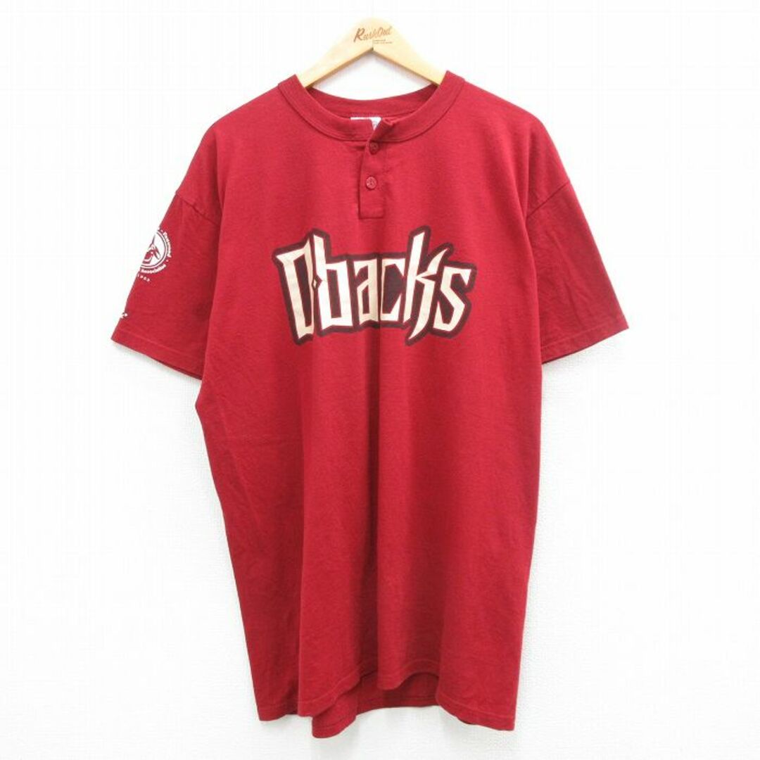 Majestic(マジェスティック)のXL★古着 マジェスティック 半袖 ビンテージ Tシャツ メンズ 00年代 00s MLB アリゾナダイヤモンドバックス 大きいサイズ ヘンリーネック エンジ メジャーリーグ ベースボール 野球 24apr13 中古 メンズのトップス(Tシャツ/カットソー(半袖/袖なし))の商品写真