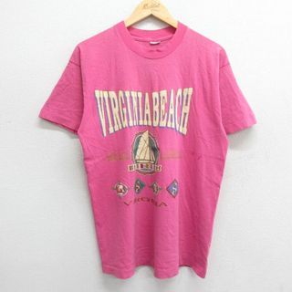 L★古着 半袖 ビンテージ Tシャツ メンズ 90年代 90s バージニアビーチ コットン クルーネック USA製 ピンク 24apr13 中古(Tシャツ/カットソー(半袖/袖なし))