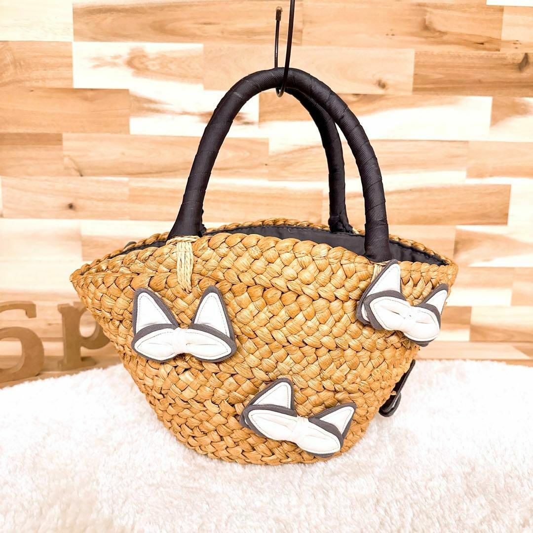 LUDLOW(ラドロー)の【ラドロー】LUDLOW 猫 リボン かごバッグ トートバッグ ベージュ×グレー レディースのバッグ(かごバッグ/ストローバッグ)の商品写真