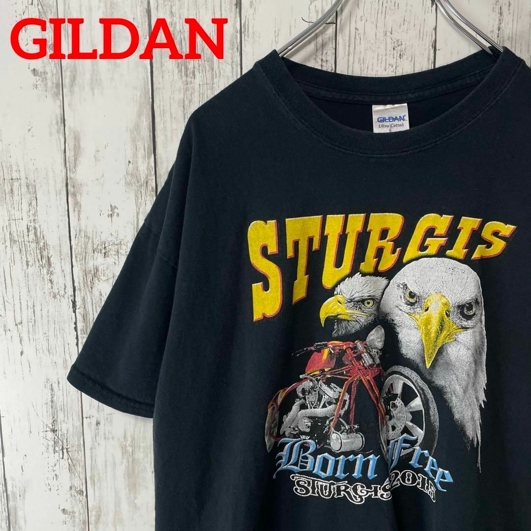 GILDAN USA古着 ビッグプリントイーグルバイクTシャツ XL 黒 メンズ メンズのトップス(Tシャツ/カットソー(半袖/袖なし))の商品写真