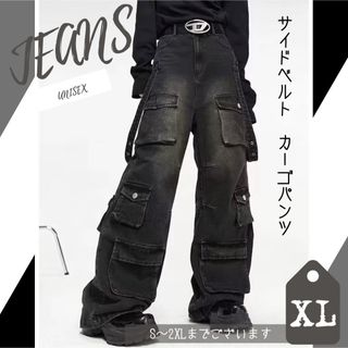 カーゴパンツ ブラック XL サイドベルト ポケット ワイドパンツ 地底人 韓国(ワークパンツ/カーゴパンツ)