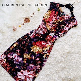 ラルフローレン(Ralph Lauren)の新品同様 ローレンラルフローレン カラフル 花柄 総柄 ドレープワンピース(ひざ丈ワンピース)