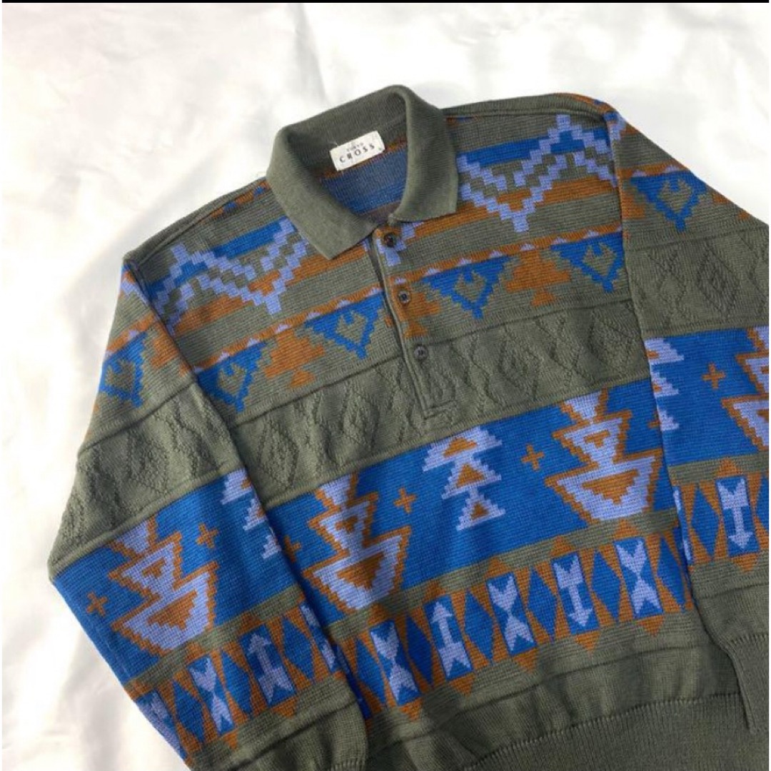 人気色　総柄　襟付きニット　幾何学模様　民族柄　アースカラー　くすみ色　Lサイズ メンズのトップス(ニット/セーター)の商品写真