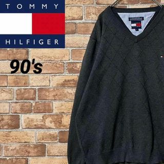 トミーヒルフィガー(TOMMY HILFIGER)のトミーヒルフィガー　旧タグ　90s デザインニット　セーター　刺繍ロゴ　グレーL(ニット/セーター)