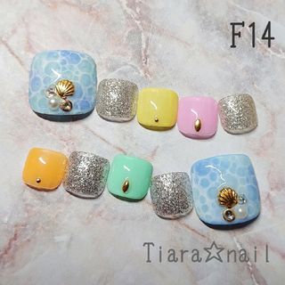 F14☆ フットネイル 海面アート×トロピカル♪ ネイルチップ ペディキュア