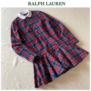 ラルフローレン(Ralph Lauren)のポロラルフローレン ロゴ刺繍 タータンチェック 丸襟 シャツワンピース 16 赤(ひざ丈ワンピース)