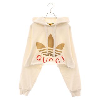 グッチ(Gucci)のGUCCI グッチ ×adidas Cropped Hooded Sweatshirt×アディダス クロップド ロゴプリントプルオーバーパーカー ホワイト 688197 XJE7H(パーカー)