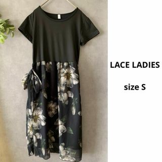 LACE LADIES ドッキングワンピース 花柄スカート 黒トップス(ひざ丈ワンピース)