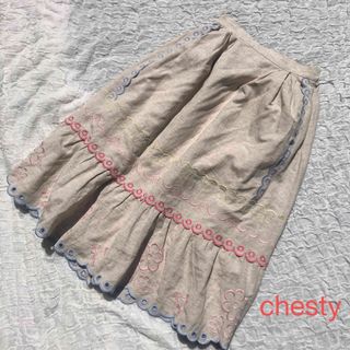 チェスティ(Chesty)のchesty カットワーク　刺繍　スカート　水色(ひざ丈スカート)