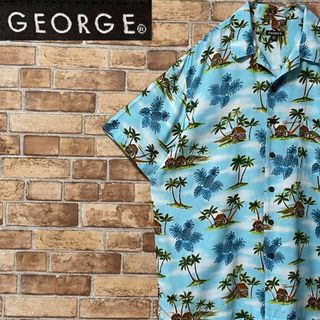 GEORGE アロハシャツ　ブルー　ヤシの木　パイナップル　海　L(シャツ)